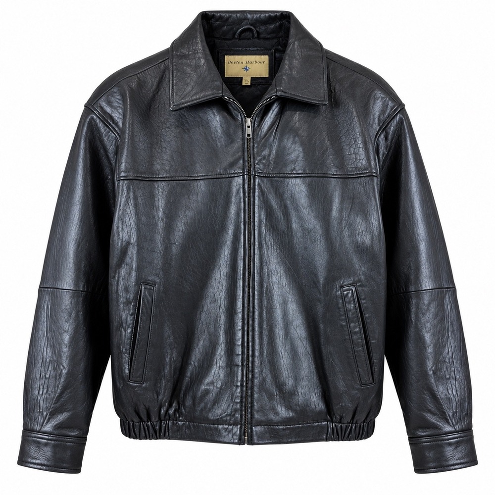 Boston Harbour Mens XXL Black Genuine Leather Bomber Jacket Full Zip Y2K Moto